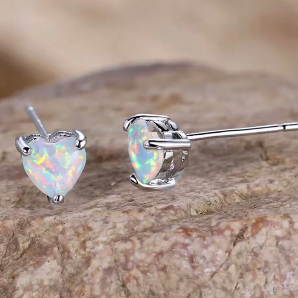 Heart Shaped White Opal Stud Earrings in Silver